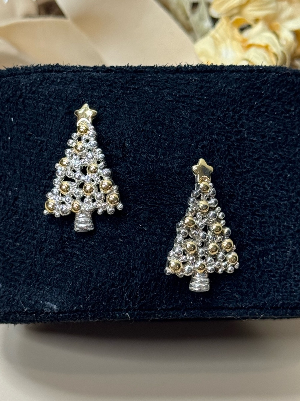 Vintage Two Tone Silver & Gold Christmas Tree Stud Earrings Holiday Jewelry